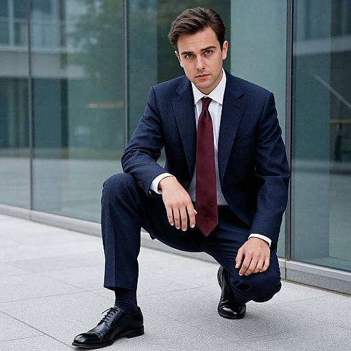 Photograph of a young, dark-haired man in a black suit, white shirt, and maroon tie, squatting outdoors by a glass building.