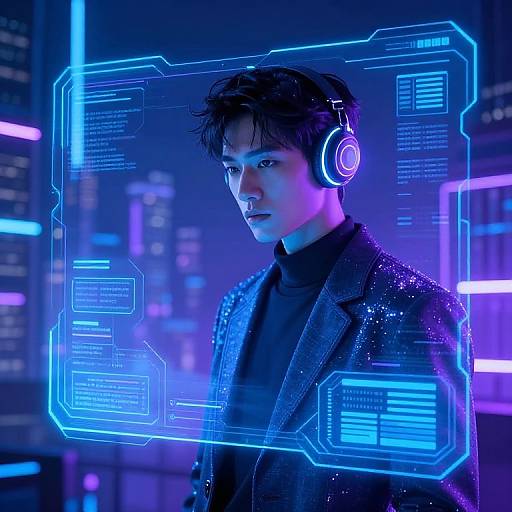 Cyberpunk photograph of a serious young man with black hair, wearing a sparkling blue jacket and glowing headphones, against a neon-lit cityscape with