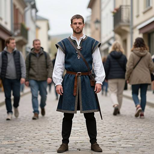 Photograph of a bearded man in medieval attire, white shirt, blue vest, brown belt, black pants, standing on a cobblestone street