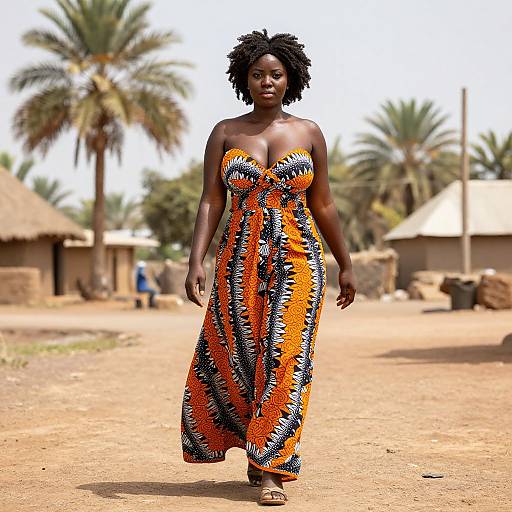 Photograph of a dark-skinned African woman with natural afro, wearing a strapless, orange and black patterned dress, walking on a sun