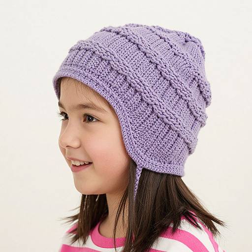 Photograph of a young girl with light brown skin, dark brown hair, wearing a purple knitted hat and white shirt with pink stripes, smiling in