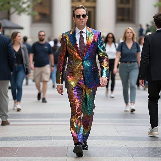 Photograph of a man in a vivid, iridescent, rainbow-colored suit walking confidently in a busy urban street, wearing black sunglasses.