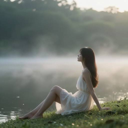Serene Girl by Lake at Sunrise