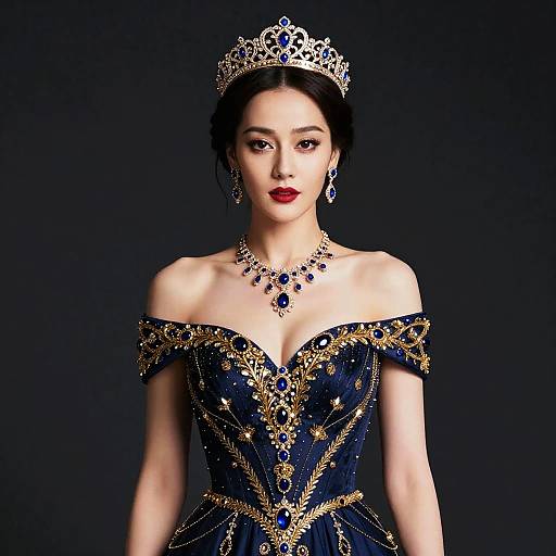 Photograph of an Asian woman with pale skin, dark hair, red lipstick, wearing an off-shoulder dark blue, gold-embellished