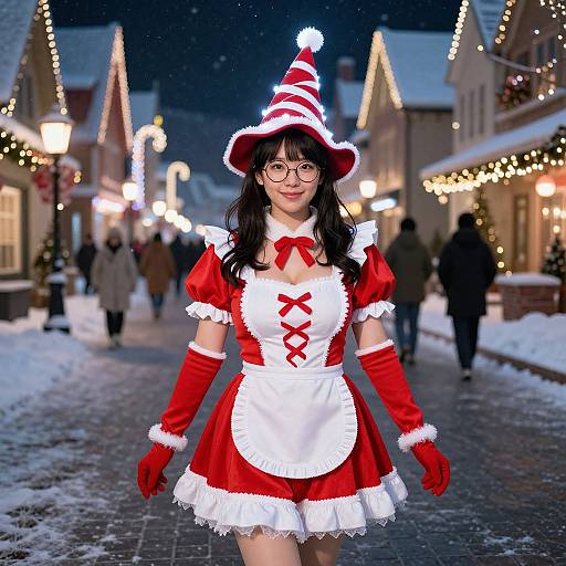 Photograph of a smiling Asian woman in a festive red and white Santa outfit, glasses, and striped hat, walking down a snowy, illuminated Christmas street
