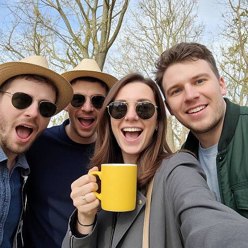 Photograph of four smiling friends outdoors, wearing hats and sunglasses, holding yellow mug, with leafless trees in the background.