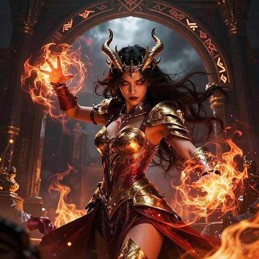Digital artwork of a fierce, dark-haired demon queen with golden horns, armor, and fiery hands, standing in a mystical, flame-lit archway