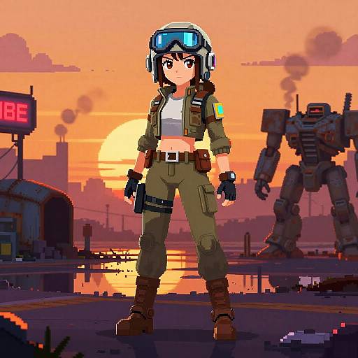 Pixel Anime Female Aviator Sunset Scene