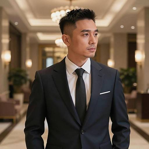 Photograph of an Asian man with short, spiked black hair, wearing a black suit, white shirt, and black tie, standing in a luxurious,