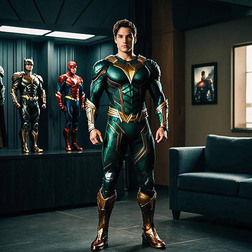 Man in Green and Gold Aquaman Suit Standing Indoors