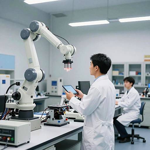 Photograph of two male scientists in white lab coats, using a white robotic microscope in a brightly lit, modern laboratory.