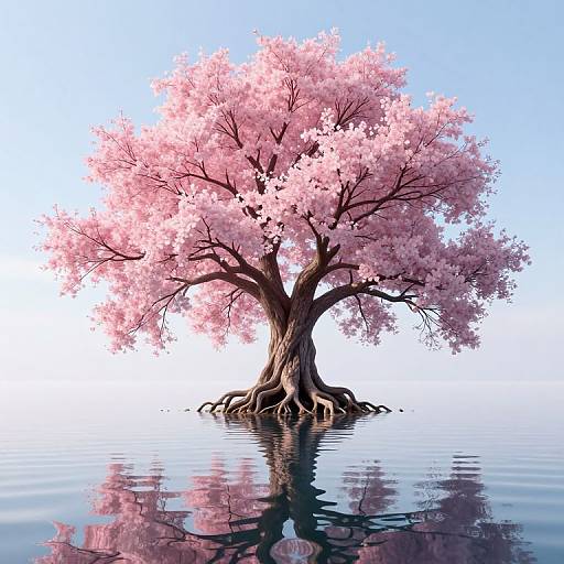 Photorealistic digital image of a solitary cherry tree with pink blossoms, rooted in calm, reflective water, against a clear blue sky.