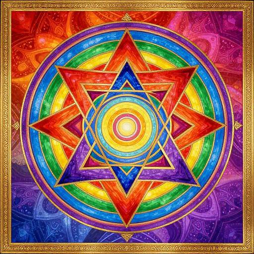 Vibrant digital mandala with a central yellow circle, surrounded by colorful star shapes and concentric rings, set in an ornate gold frame.