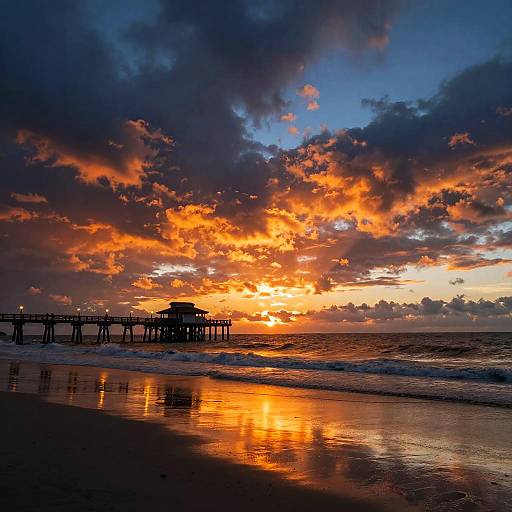 Photograph of a dramatic sunset over a beach with a pier silhouetted against vibrant orange and purple clouds, reflecting on wet sand.