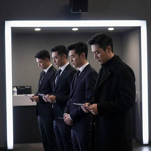 Men in Dimly Lit Movie Lobby