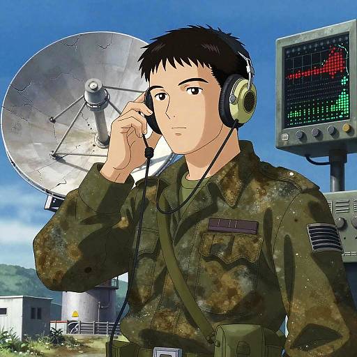 Digital anime-style drawing of a male soldier with short black hair, wearing headphones, camouflage uniform, and American flag patch, standing near a satellite dish and