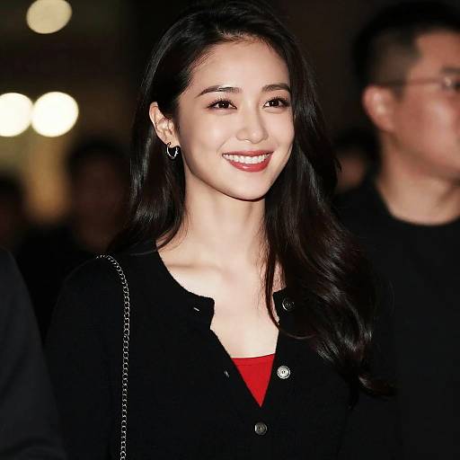 Smiling woman in black cardigan with red top