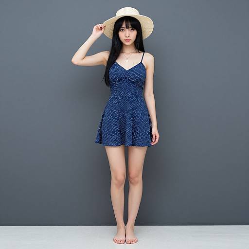 Digital art of an Asian woman with long black hair, wearing a white sunhat, navy polka-dot sundress, and barefoot, standing against