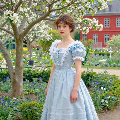 Photograph of a young woman with fair skin and brown hair, wearing a light blue Victorian-style dress, standing in a blooming garden with a red