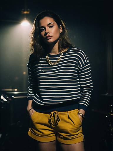 Young Woman in Casual Striped Sweater and Mustard Shorts