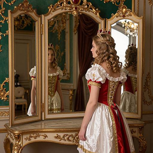 Young woman with curly blonde hair and red-and-white ornate dress, wearing a crown, stands before a gold-framed, triple-paneled mirror in