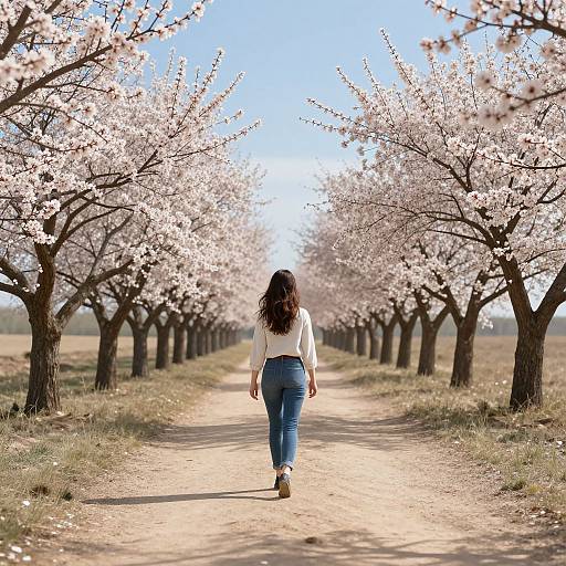 Photograph of a woman with long dark hair, white blouse, and blue jeans walking down a cherry blossom-lined path under a clear blue sky.