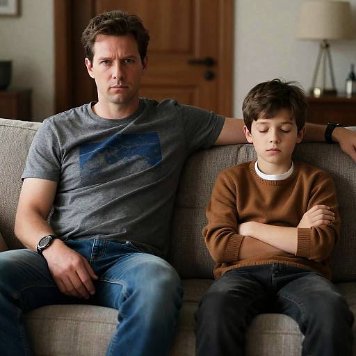 Candid Moment on a Gray Couch