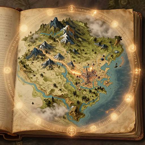 Magical fantasy map in an open, glowing, ancient book, depicting a lush, mountainous island with a castle, rivers, and enchanted runes.