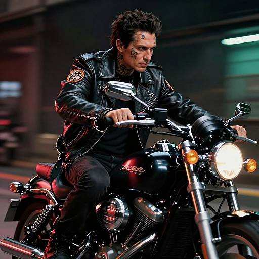 Photograph of a rugged man with spiked hair, black leather jacket, and tattoos, riding a shiny black motorcycle at night.