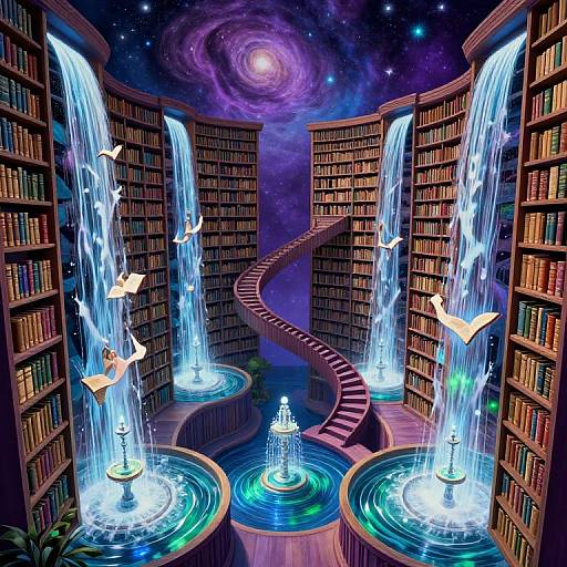 Magical library with glowing bookshelves, cascading waterfalls, floating birds, and a spiral staircase under a starry, swirling galaxy sky.