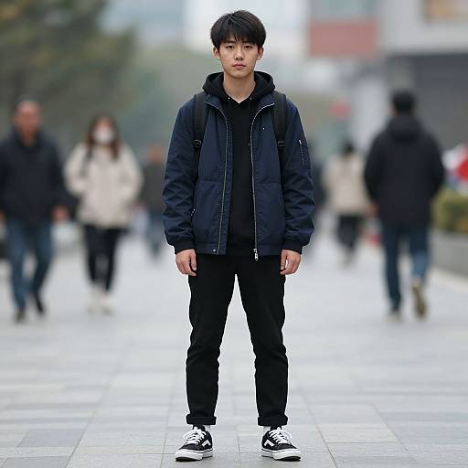 Photograph of an Asian teenage boy with short black hair, wearing a black jacket, hoodie, and jeans, standing in a blurred urban street with pedestrians