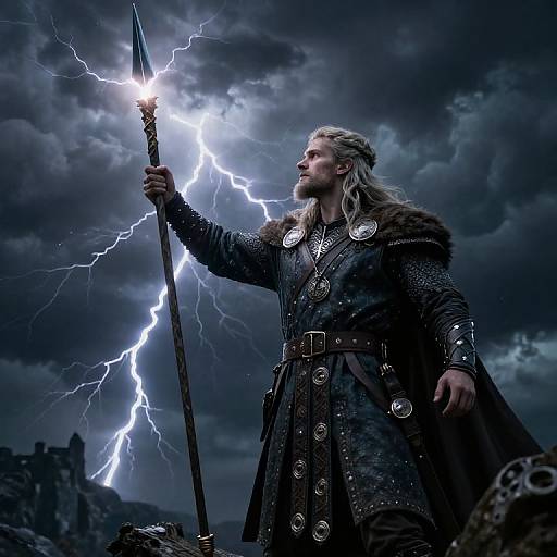 Photorealistic digital artwork of a bearded Viking warrior with long white hair, holding a lightning-enchanted spear, wearing a fur-collared