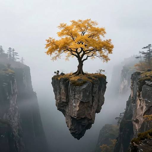 Photograph of a solitary, golden-leaved tree on a floating cliff amidst foggy, mist-covered mountain cliffs with two small figures standing.