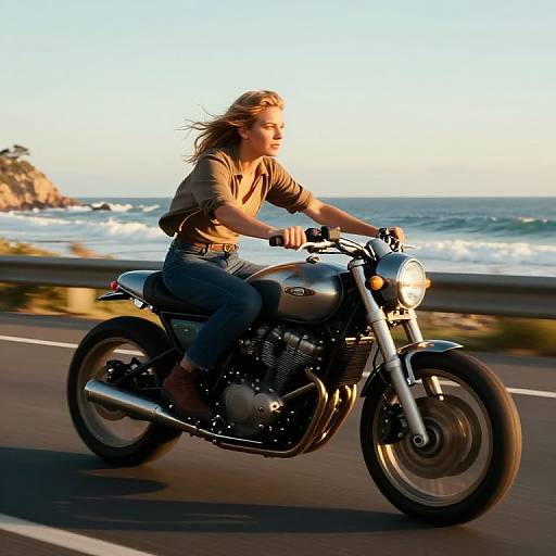 Photograph of a blonde woman with wind-swept hair, wearing a brown shirt and blue jeans, riding a silver motorcycle along a coastal road with
