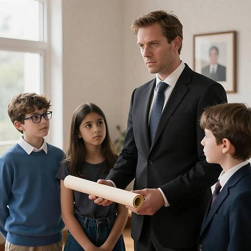 Serious Man with Children in Indoor Setting