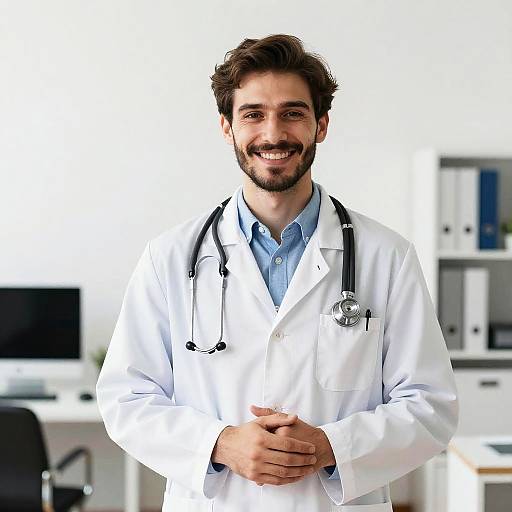 Smiling Young Doctor in Modern Office