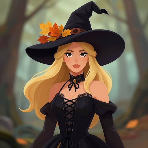 Digital art of a blonde witch with large hat, black lace dress, autumn leaves, in a foggy forest background.