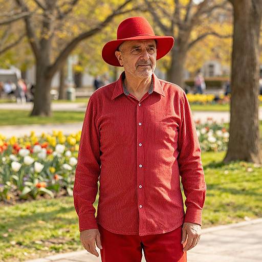 Man in Red Outfit in Sunlit Park