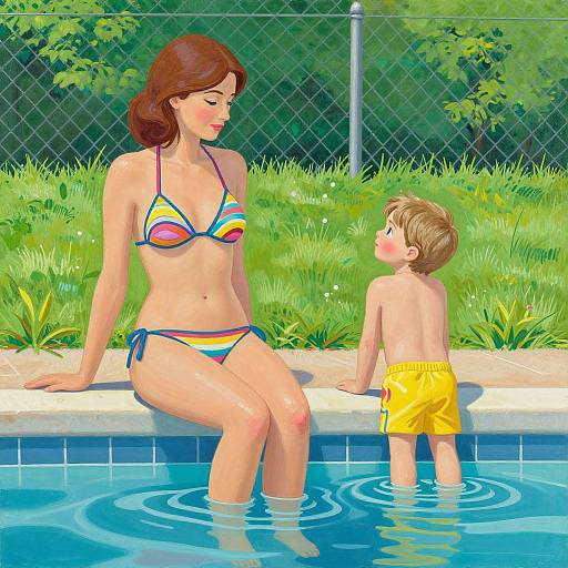Digital illustration of a red-haired woman in a rainbow bikini and a blond boy in yellow swim trunks by the pool.