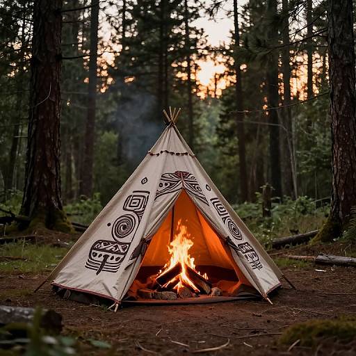 Photograph of a white, patterned teepee tent with a roaring fire inside, set in a dense forest at sunset.