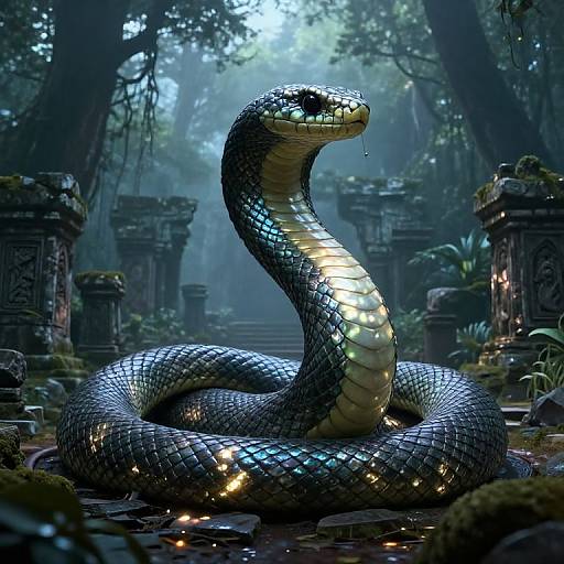 Digital artwork of a luminous, blue-scaled snake coiled in a mystical, foggy forest, surrounded by ancient, moss-covered stone pillars.