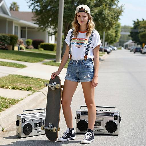 Photograph of a young woman in a white cap, rainbow tee, denim shorts, and black sneakers, standing on a suburban street with a skateboard and