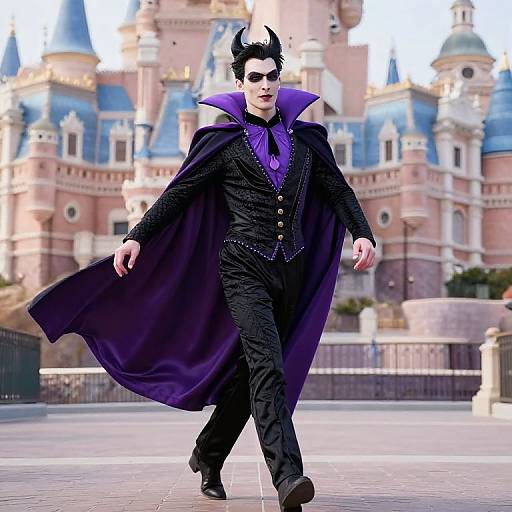 Digital artwork of a male vampire with black hair, sunglasses, purple cape, and black suit, walking in front of a colorful castle.