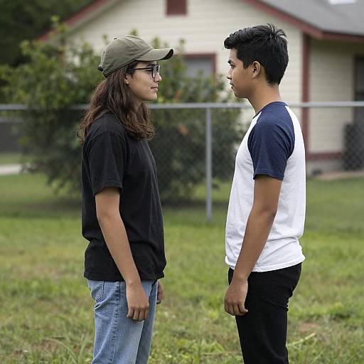 Two Young Men Standing Outdoors Facing Each Other