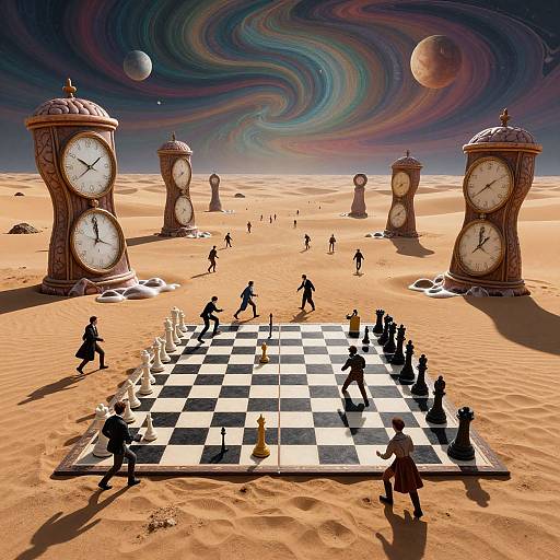 Surreal digital artwork: Desert with swirling, multicolored sky, giant clock towers, and chess game; silhouetted figures playing chess