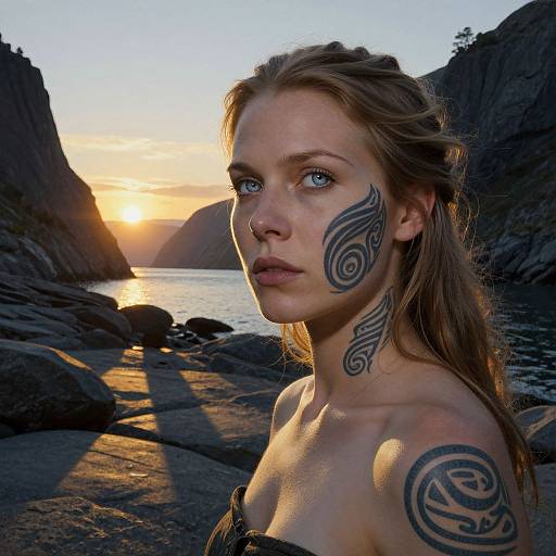 Photograph of a tattooed, blonde woman with blue eyes, standing on rocky beach at sunset, sun casting golden light on her face and tattoos.