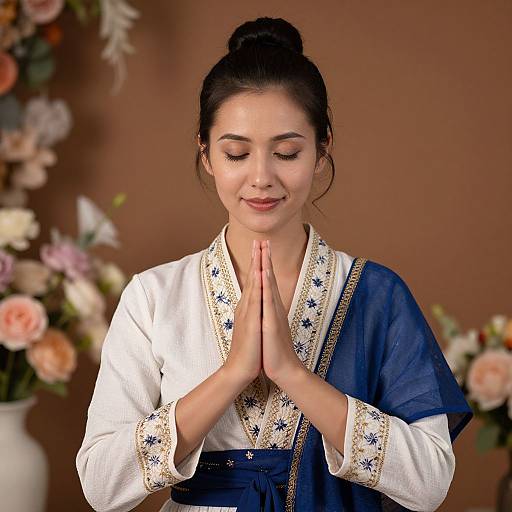 Photograph of a smiling Asian woman with black hair in a bun, wearing a white and blue traditional outfit, hands in prayer pose, against a brown