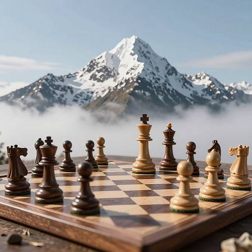 Photograph of a chessboard with black and white pieces on a wooden table, set against a backdrop of snow-capped mountains and mist.