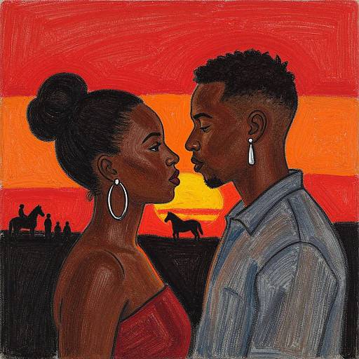 Stylized painting of a Black couple facing each other at sunset, wearing hoop earrings and a shirt, with silhouetted horses in the background