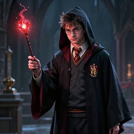 Photograph-style CGI of a young boy in Hogwarts robes, holding a red, glowing magical wand in a dimly lit, gothic cathedral.